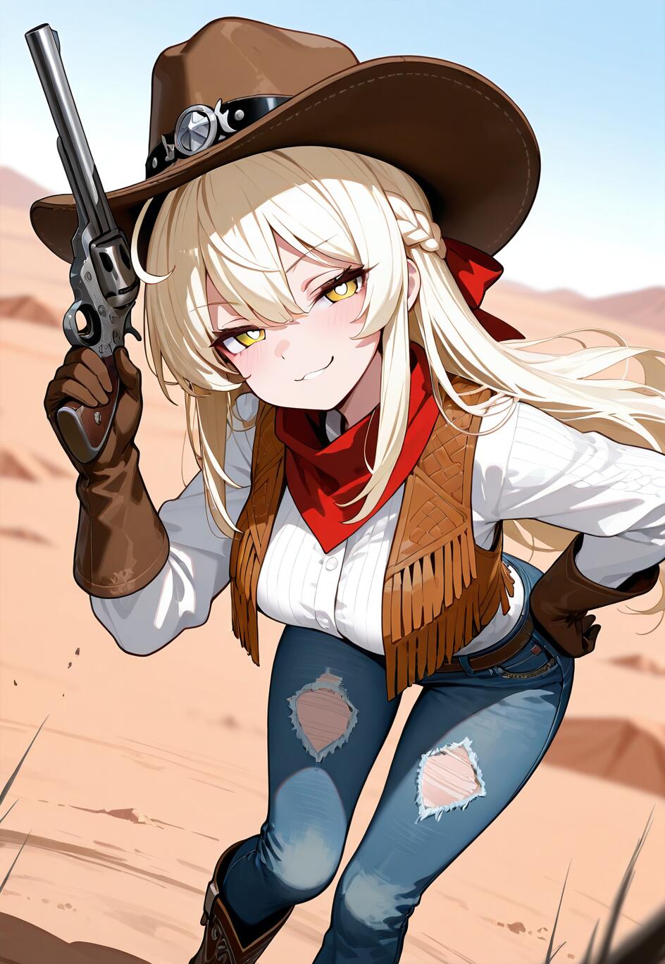 An anime-style illustration of a blonde cowgirl, identified as Lumine from Genshin Impact, in a desert. She wears a cowboy hat, fringed vest, and ripped jeans, smiling smugly as she points a revolver at the viewer.