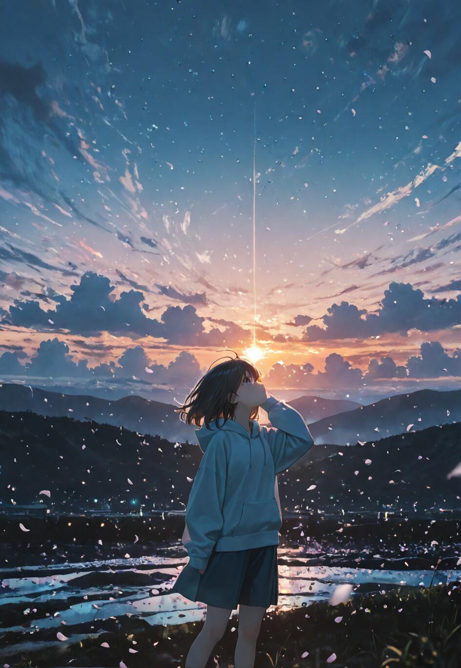 An anime-style illustration of a girl in a light blue hoodie standing on a hill at sunset, looking up at the sky as countless pink petals and light particles swirl around her.