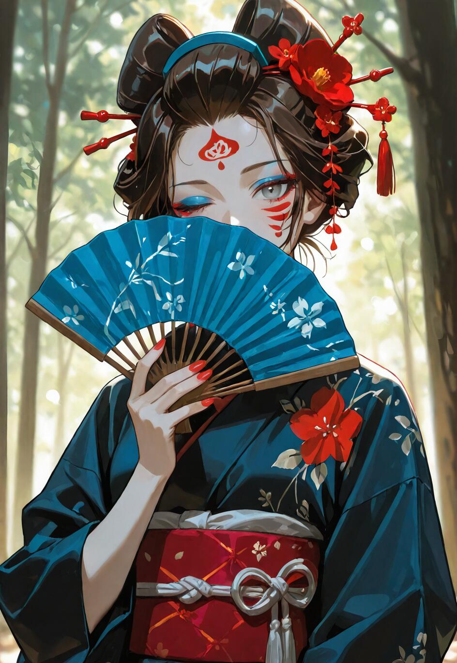 An anime-style illustration of a woman with an elaborate updo and traditional Japanese makeup, wearing a dark blue kimono. She stands in a forest and holds a blue fan that covers the lower half of her face, revealing only her striking grey eyes.