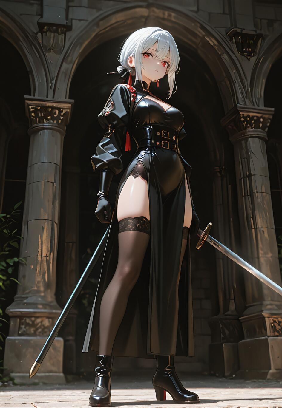 A full-body illustration of an anime girl with short white hair and red eyes, wearing a stylish black combat dress and holding two swords in a gothic architectural setting.