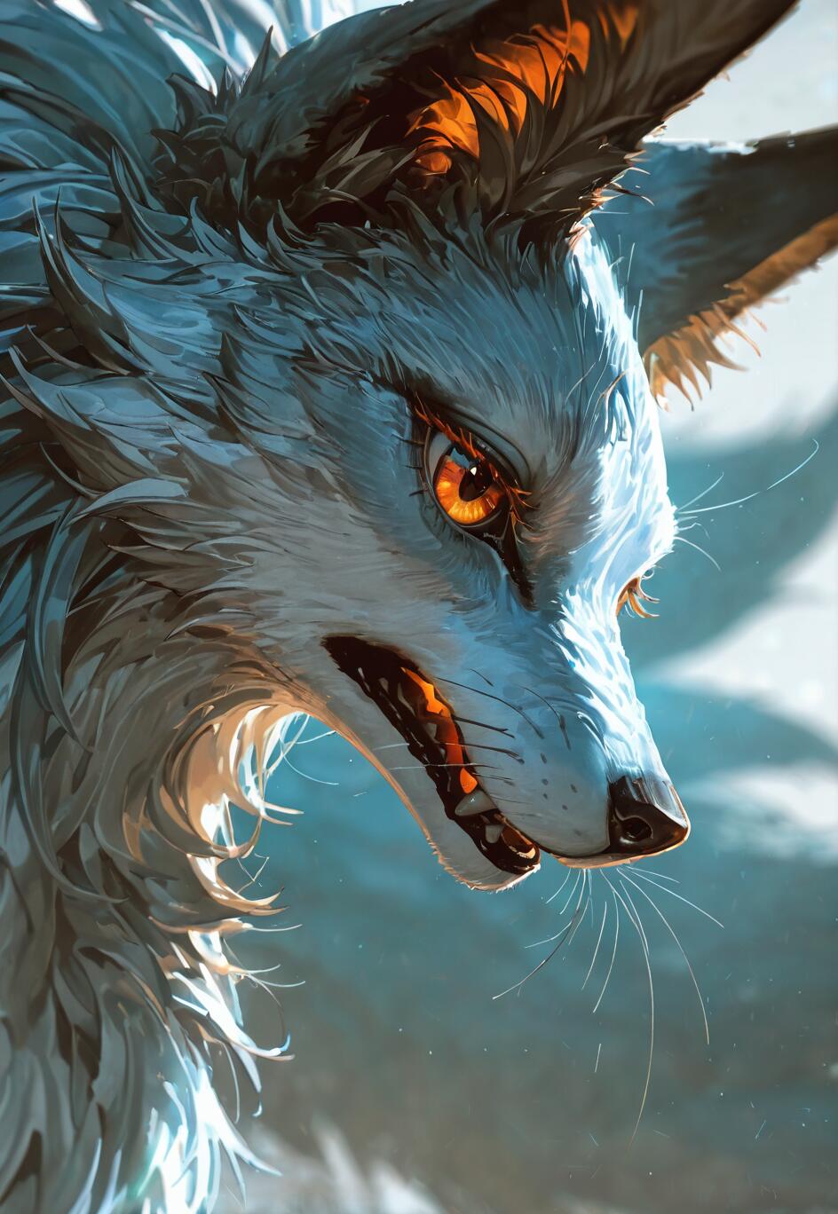 A close-up digital painting of a stylized white and grey fox with glowing orange eyes and an intense expression. Orange light glows from inside its ears and mouth against a blurry blue background.