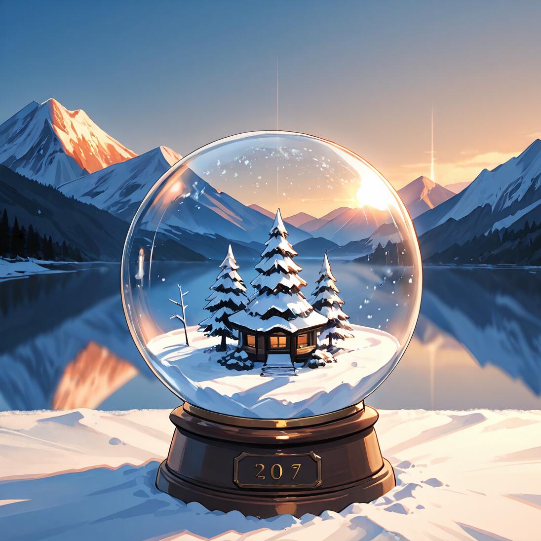A glass snow globe containing a miniature winter scene with a cabin and trees, set against a real-life backdrop of a snowy mountain range and a calm lake at sunrise.