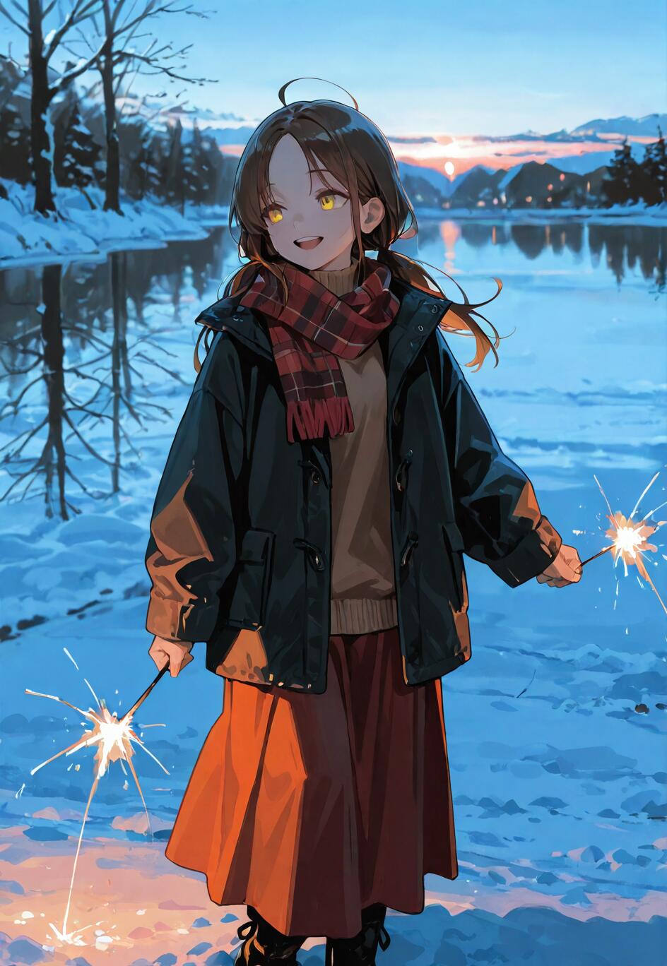 An anime-style illustration of a smiling girl with brown hair and yellow eyes, wearing a winter coat and scarf, holding two lit sparklers in a snowy landscape by a lake at dusk.