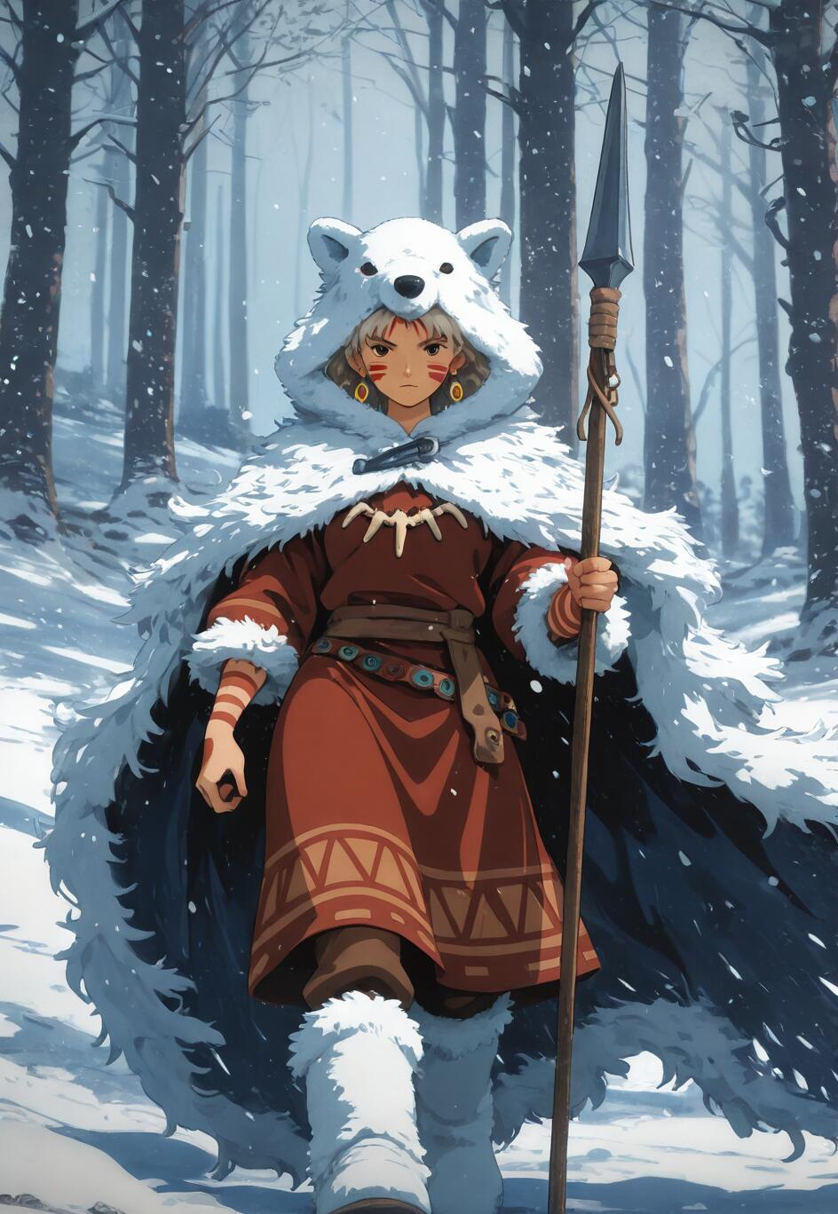 A full-body illustration of a young female warrior in a snowy forest. She has light hair, red face paint, and wears a red tunic under a white fur cape with a bear-head hood, while holding a spear.