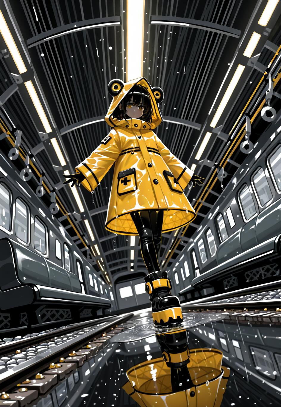 A full-length, low-angle shot of an anime-style girl in a bright yellow raincoat with bear-like ears on the hood, standing on wet, reflective train tracks between two dark subway cars.