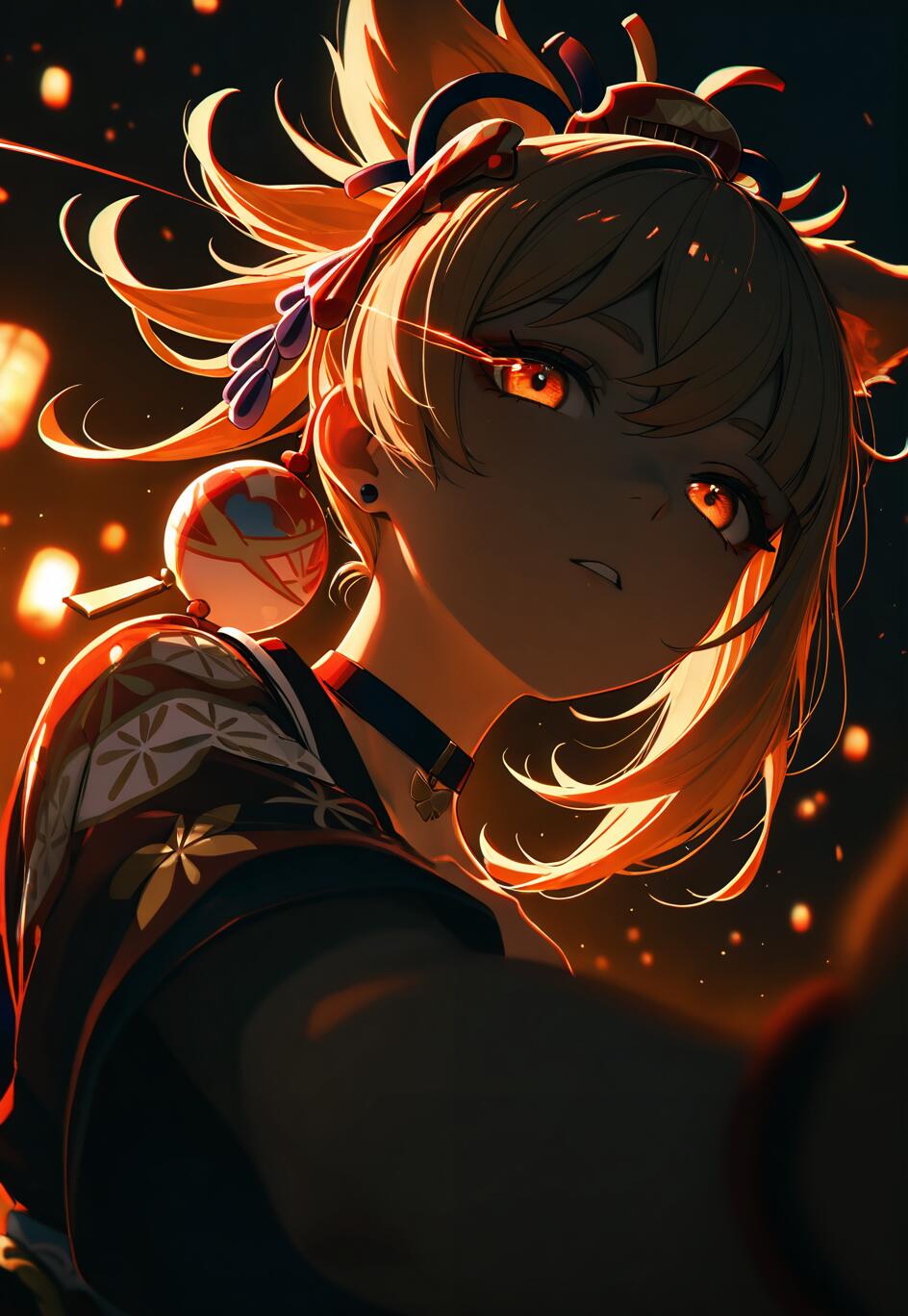 A close-up digital painting of Yoimiya from Genshin Impact at night. She has blonde hair in a high ponytail and glowing orange eyes, looking intensely down at the camera with warm light illuminating her from behind.