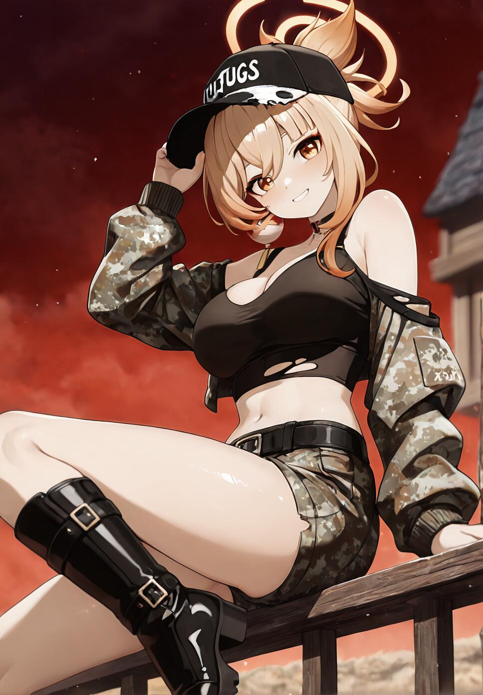 An anime-style illustration of Yoimiya from Genshin Impact with blonde hair and a halo, wearing a black cap, a black crop top, a camouflage jacket, camo shorts, and black boots. She is sitting on a wooden railing against a red sky and smiling.