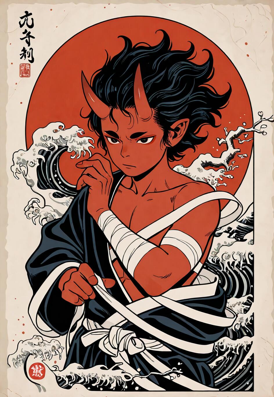 An anime-style illustration of a young demon boy with red skin and horns, wearing a dark kimono and bandages, set against a red sun and stylized Japanese waves in the ukiyo-e fashion.