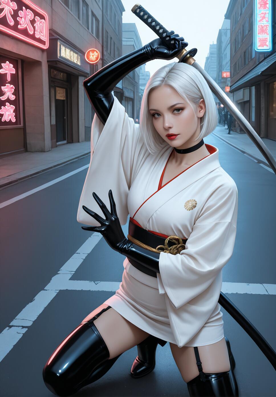 A woman with short white hair, resembling 2B from NieR:Automata, kneels on one knee in the middle of a city street at night. She is wearing a short white kimono, long black latex gloves, and black latex thigh-highs with a garter belt. She holds a Japanese katana with both hands above her head in a ready stance, looking directly at the viewer. The background features buildings with glowing neon signs.