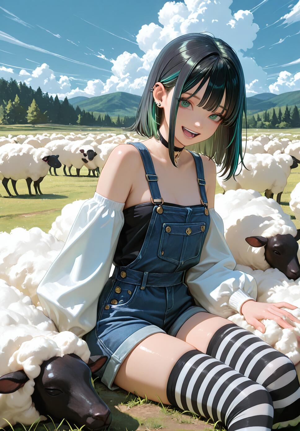 An anime-style illustration of a young woman with short black and green hair, wearing denim overalls and striped thigh-highs, sitting in a grassy field surrounded by a large flock of white sheep on a sunny day.