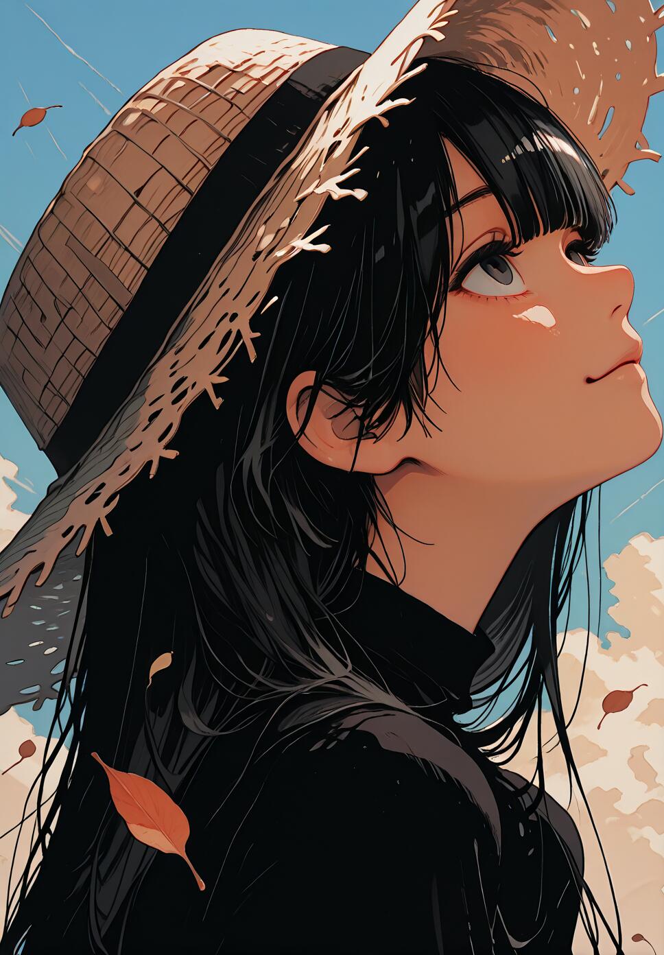 An anime-style portrait of a young woman with long black hair and a straw hat, looking up at a blue sky with a slight smile as autumn leaves fall around her.