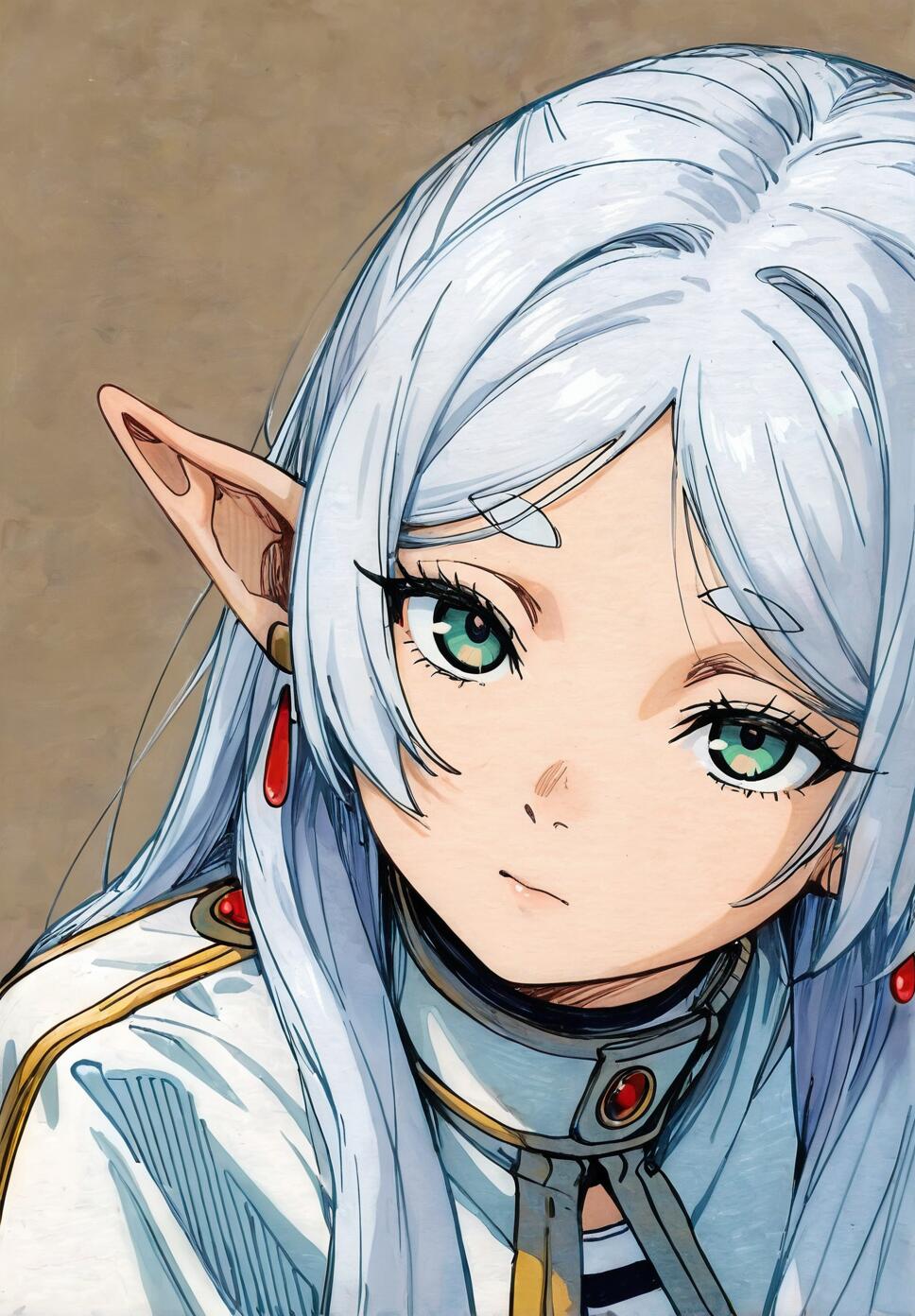 A close-up color sketch of the elf Frieren from 'Frieren: Beyond Journey's End'. She has long white hair, green eyes, and pointed ears with red earrings, and is looking calmly at the viewer.