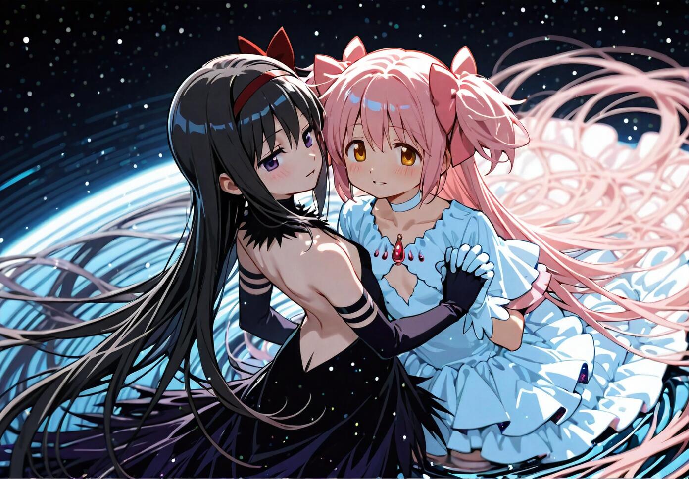 Akuma Homura, a girl with long black hair in a black dress, embraces Ultimate Madoka, a girl with long pink hair in a light blue dress, from the side. They are holding hands in front of a starry space background.