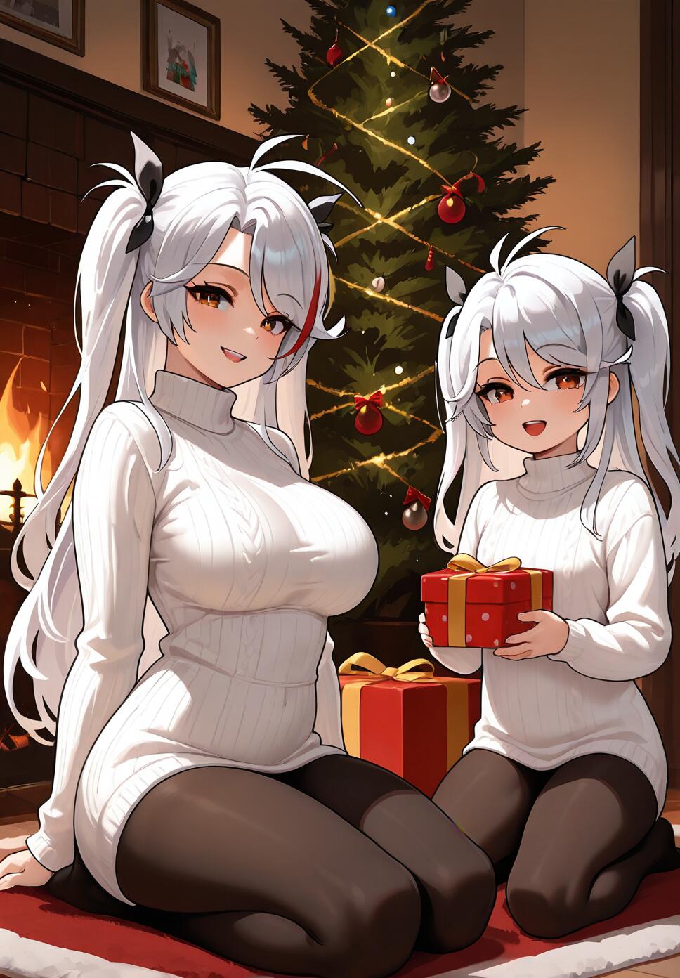An illustration of Prinz Eugen from Azur Lane and a younger version of herself in matching white sweaters and black pantyhose, sitting by a Christmas tree with presents and a fireplace.