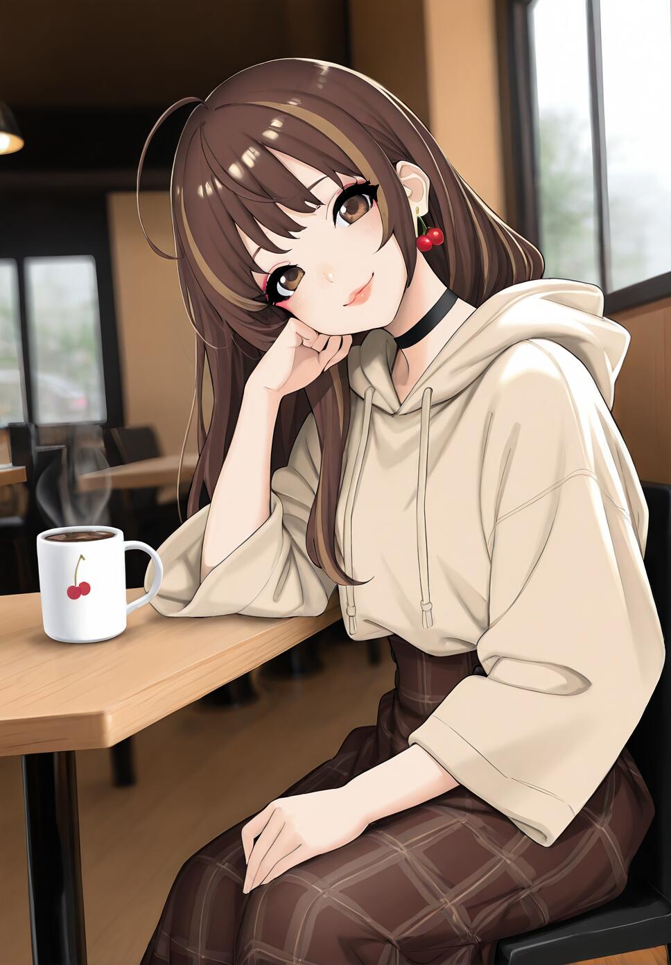 An anime-style girl with long brown hair and cherry earrings, wearing a beige hoodie and plaid skirt, smiles while sitting at a table in a cafe with a steaming mug of coffee.