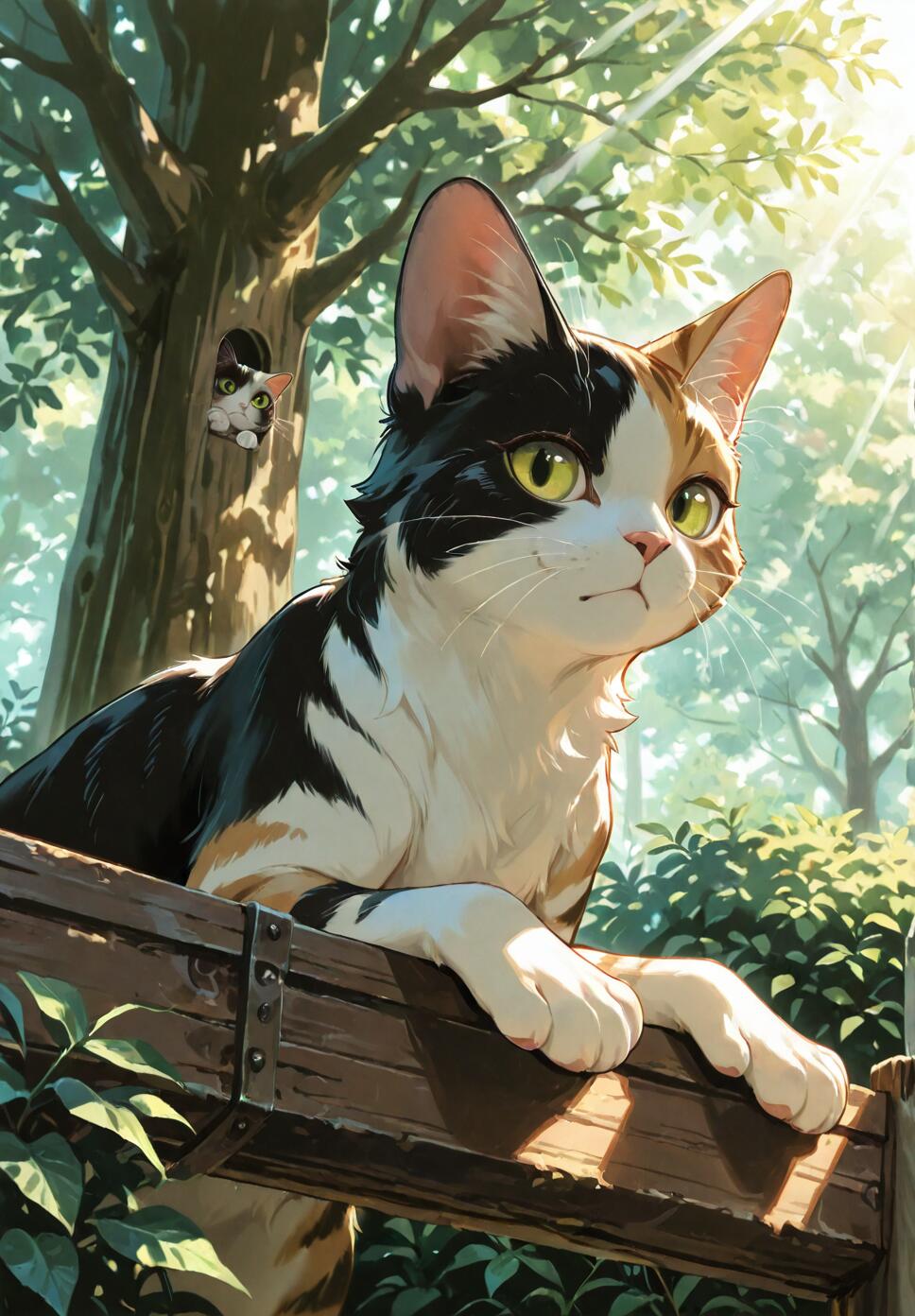 An anime-style illustration of a calico cat with green-yellow eyes leaning over a wooden fence in a sunlit forest. A small black and white kitten peeks out from a hole in a tree in the background.