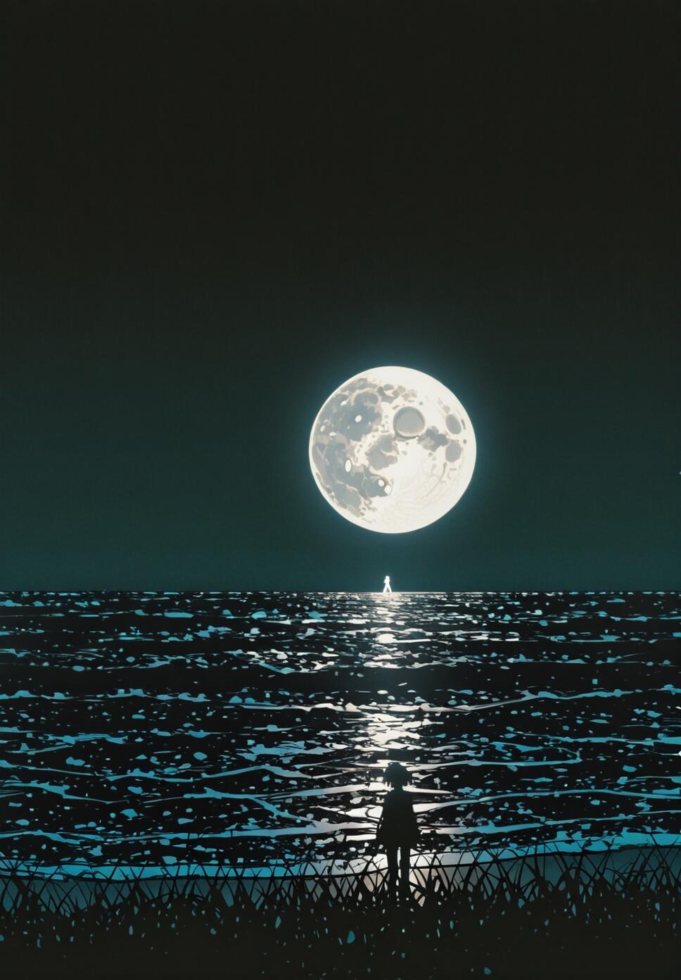 A digital illustration of a night scene with a large full moon over a dark ocean. In the foreground, a person is silhouetted against the view, while a small, glowing figure stands on the horizon in the moon's reflection.