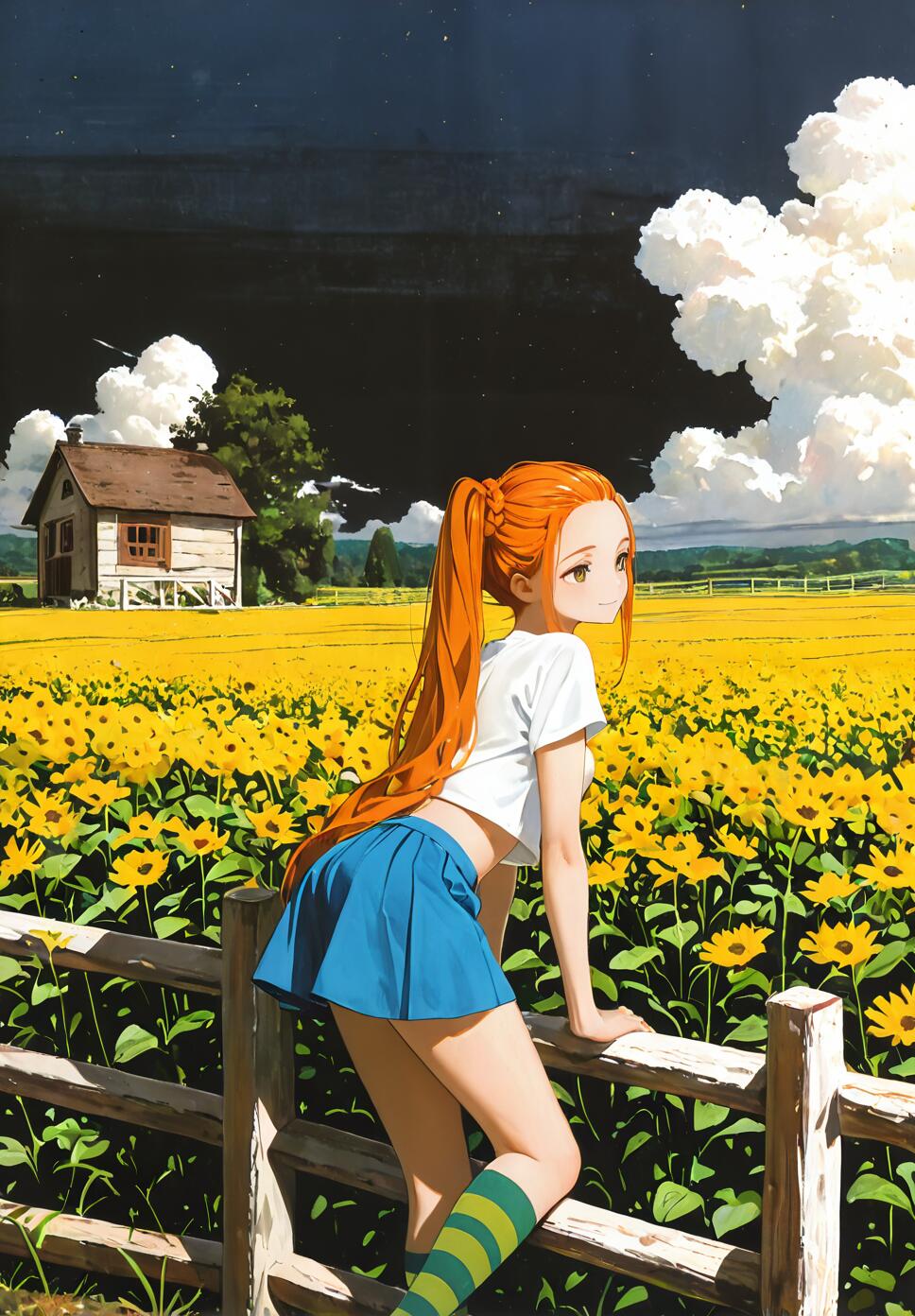 An anime-style girl with long orange hair in a ponytail and a blue skirt, leaning on a wooden fence and looking back over a field of yellow sunflowers. A small house is visible in the background under a dark, starry sky with large white clouds.