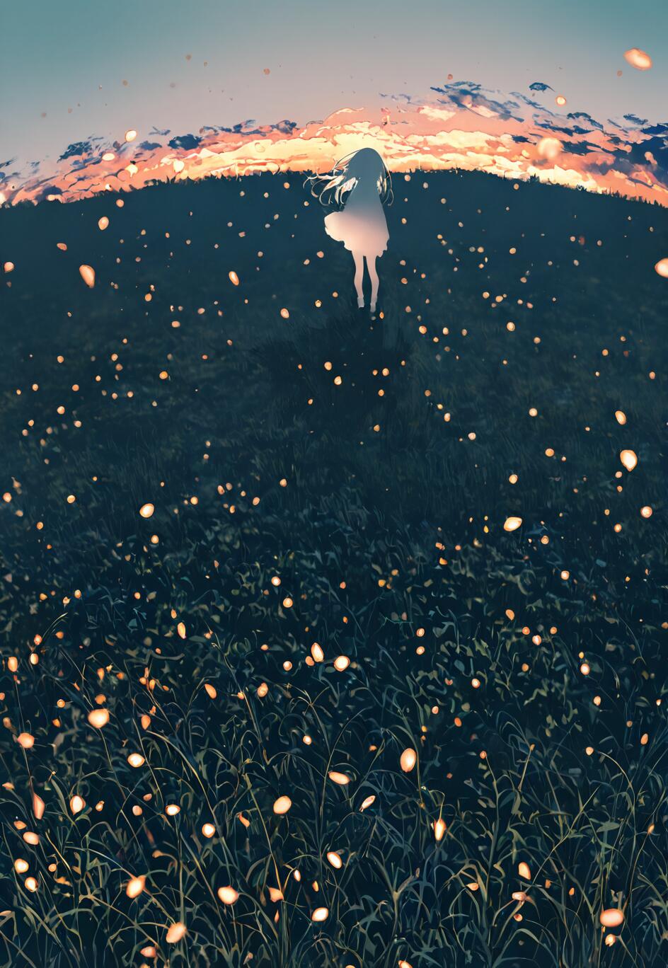 A digital illustration of a girl's silhouette standing on a dark, grassy hill at sunset. The field is filled with hundreds of glowing yellow orbs, resembling fireflies, both in the grass and floating in the air. The sky features a colorful sunset with soft clouds.