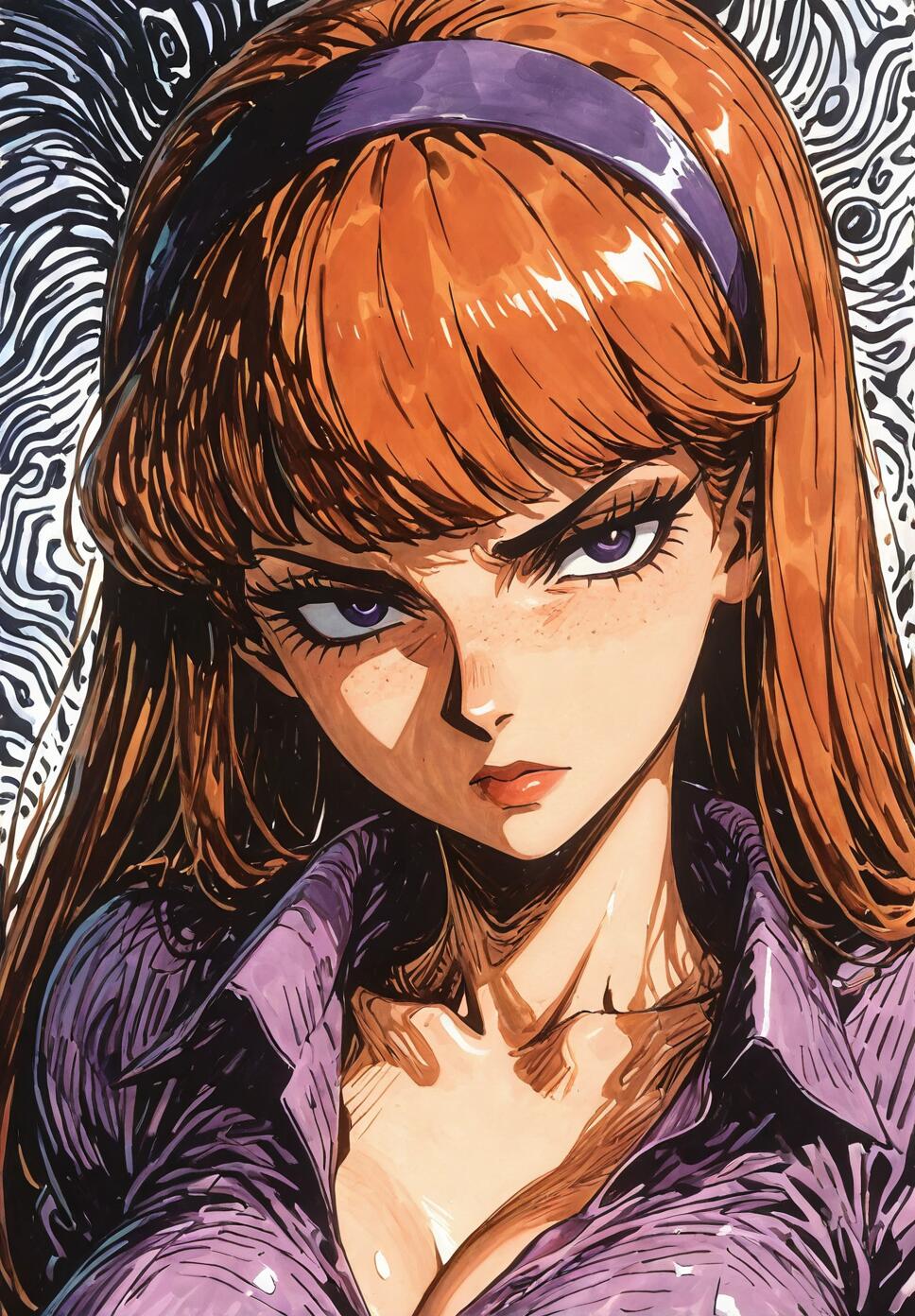 An anime-style bust portrait of Daphne Blake from Scooby-Doo. She has long orange hair, a purple headband, and a purple collared shirt, looking at the viewer with an intense and serious expression against an abstract black and white background.