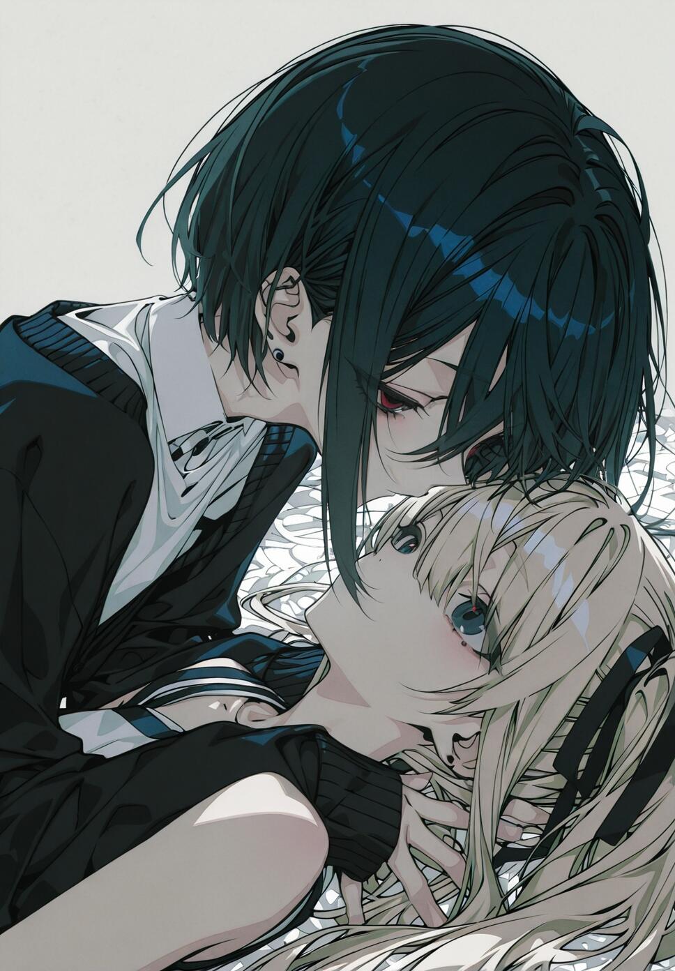 An anime illustration of two girls in an intimate pose. A girl with short black hair and red eyes leans closely over a girl with long blonde hair and blue eyes who is lying down and looking up at her.