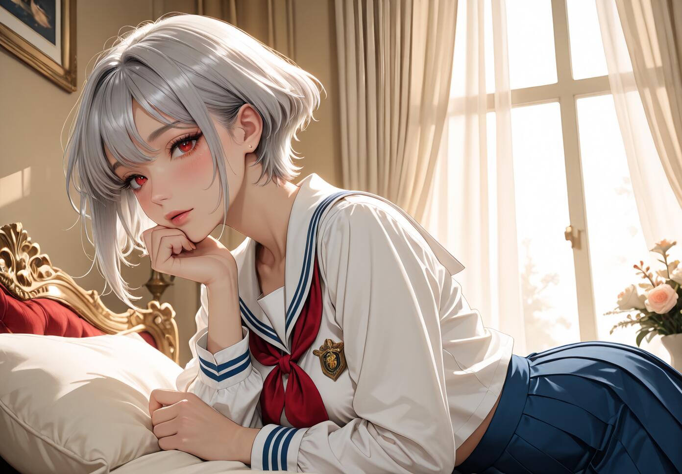 A close-up illustration of a silver-haired anime girl with red eyes in a Japanese sailor school uniform, lying on a bed in a sunlit room and looking at the camera.