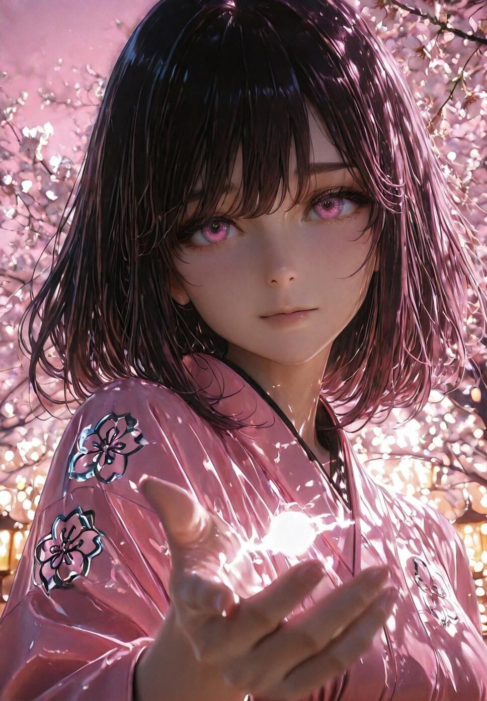 A close-up illustration of a young anime girl with short dark hair and vibrant pink eyes, wearing a shiny pink kimono with flower patterns. She holds her hand out with a bright ball of light floating above it, against a background of pink cherry blossoms.