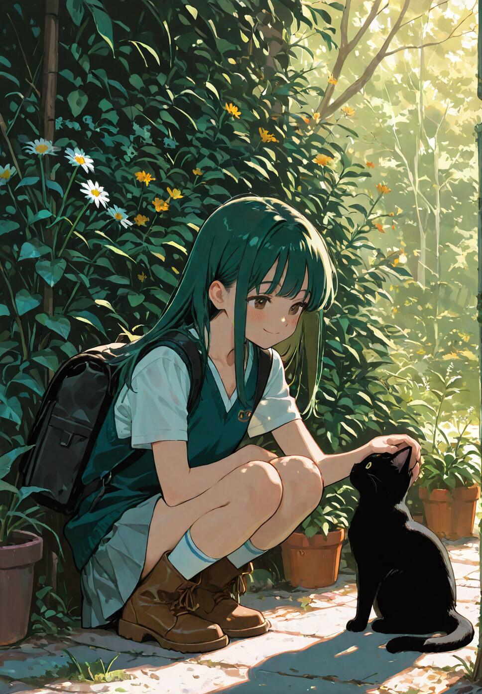 An anime-style girl with long green hair and a school uniform crouching down to gently pet a small black cat in a sunlit, overgrown garden.