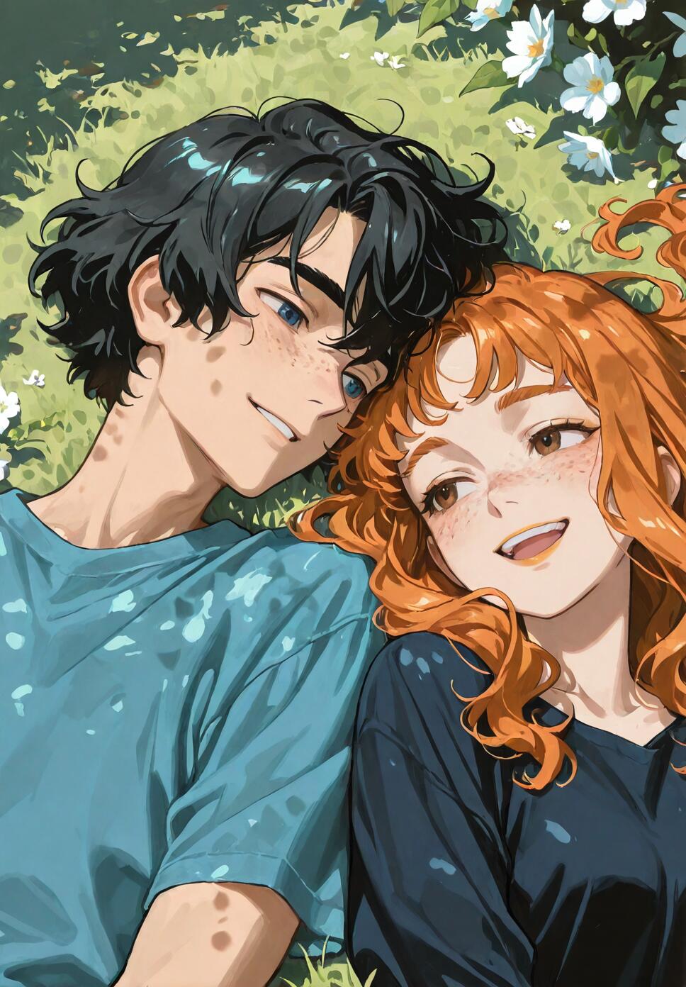 An anime-style illustration of a young couple lying in the grass. A boy with black hair and a blue shirt smiles at a girl with ginger hair and a dark shirt, surrounded by white flowers.