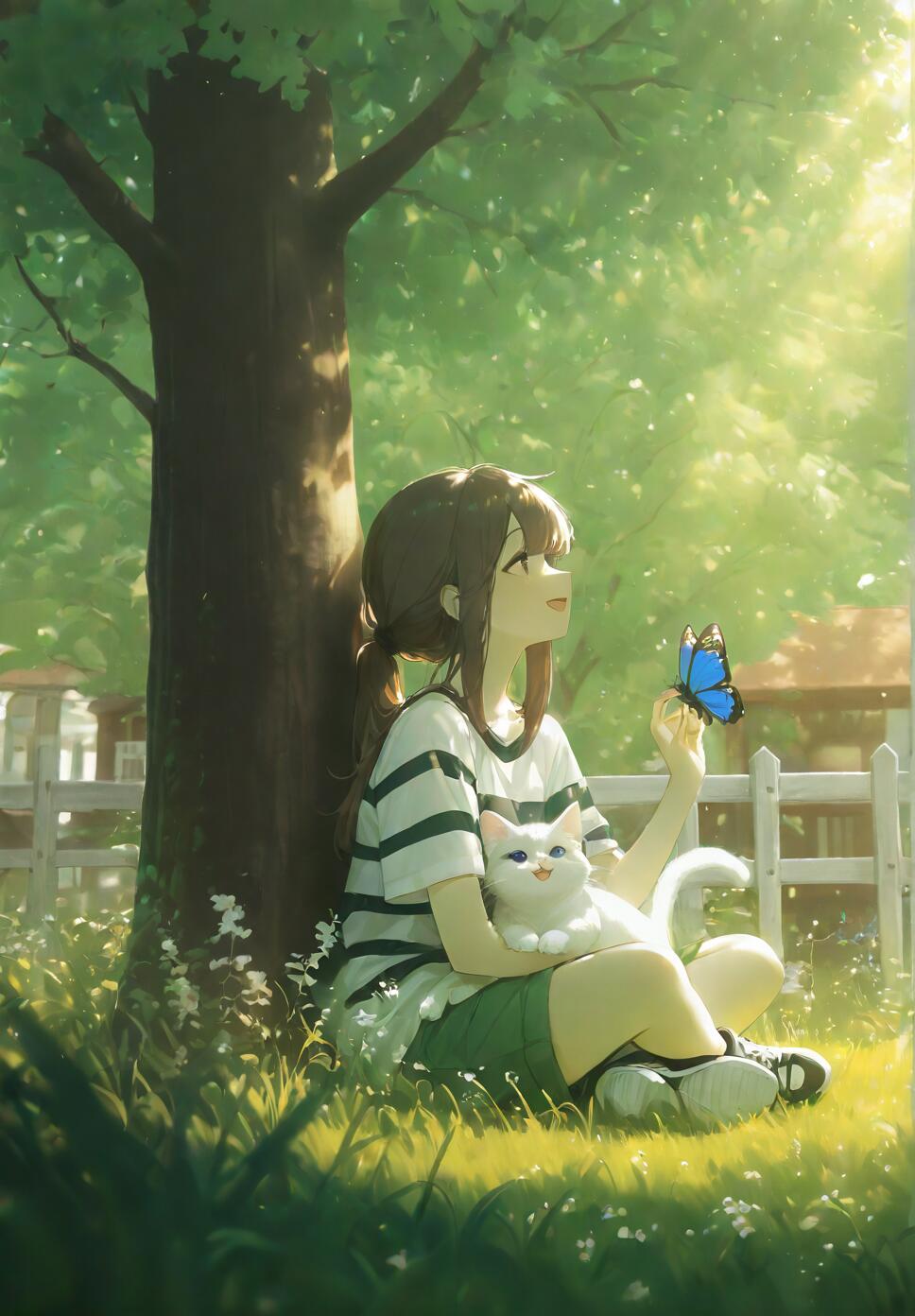 An anime-style girl with brown hair sits under a tree, holding a white cat on her lap and looking at a blue butterfly on her finger on a sunny day.