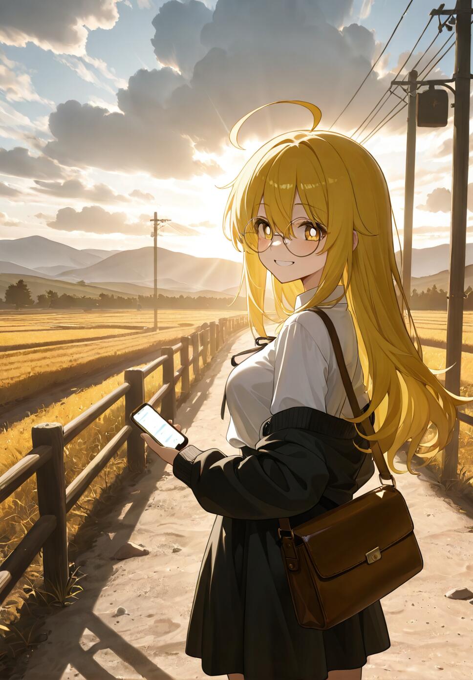 An anime illustration of Kotama from Blue Archive, a blonde girl with glasses and a halo, standing on a dirt road in the countryside at sunset. She is looking back over her shoulder and smiling while holding a phone.