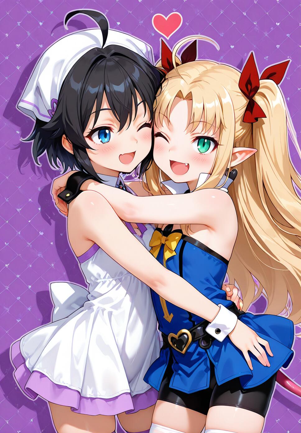 Astarotte and Asuhariet from Astarotte's Toy! sharing a happy hug. Astarotte, a blonde elf-like girl in a blue outfit, is being embraced by Asuhariet, a girl with short black hair in a white dress.