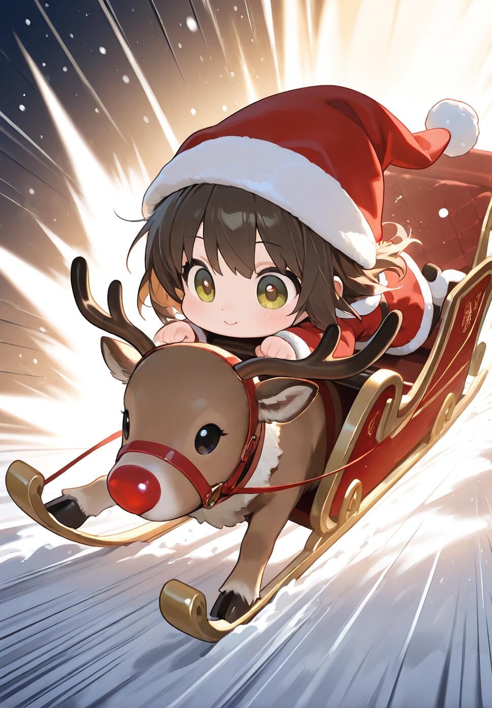 A cute anime girl in a Santa outfit joyfully rides a sleigh pulled by a reindeer with a red nose, speeding through the snow with a bright, celebratory background.