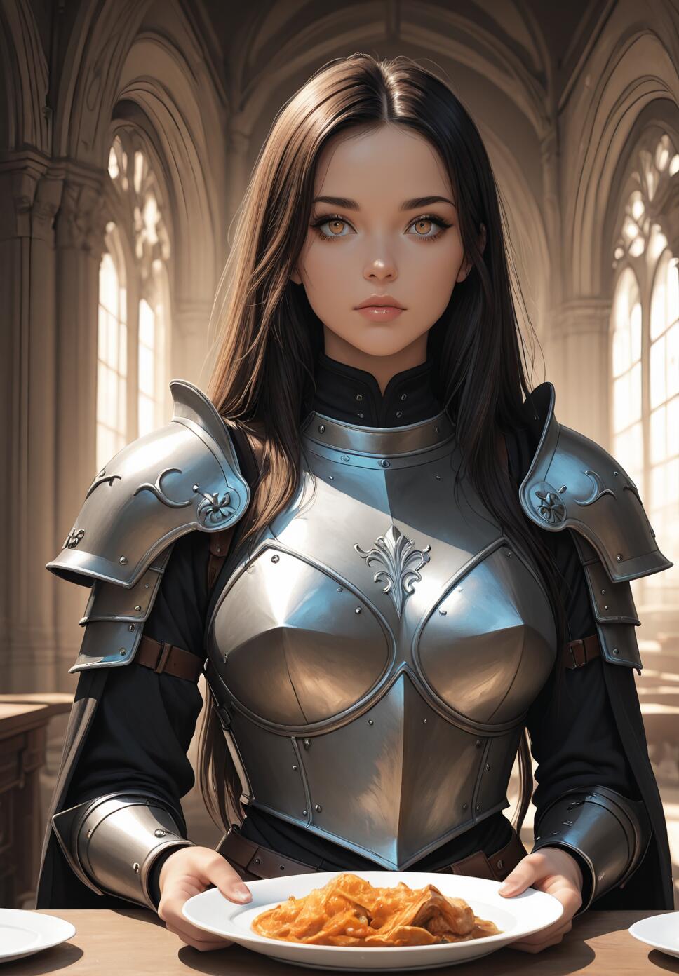 A beautiful young woman with long brown hair and light eyes, wearing a full suit of polished plate armor, sits at a table and holds a plate of food in a grand hall with arched windows.