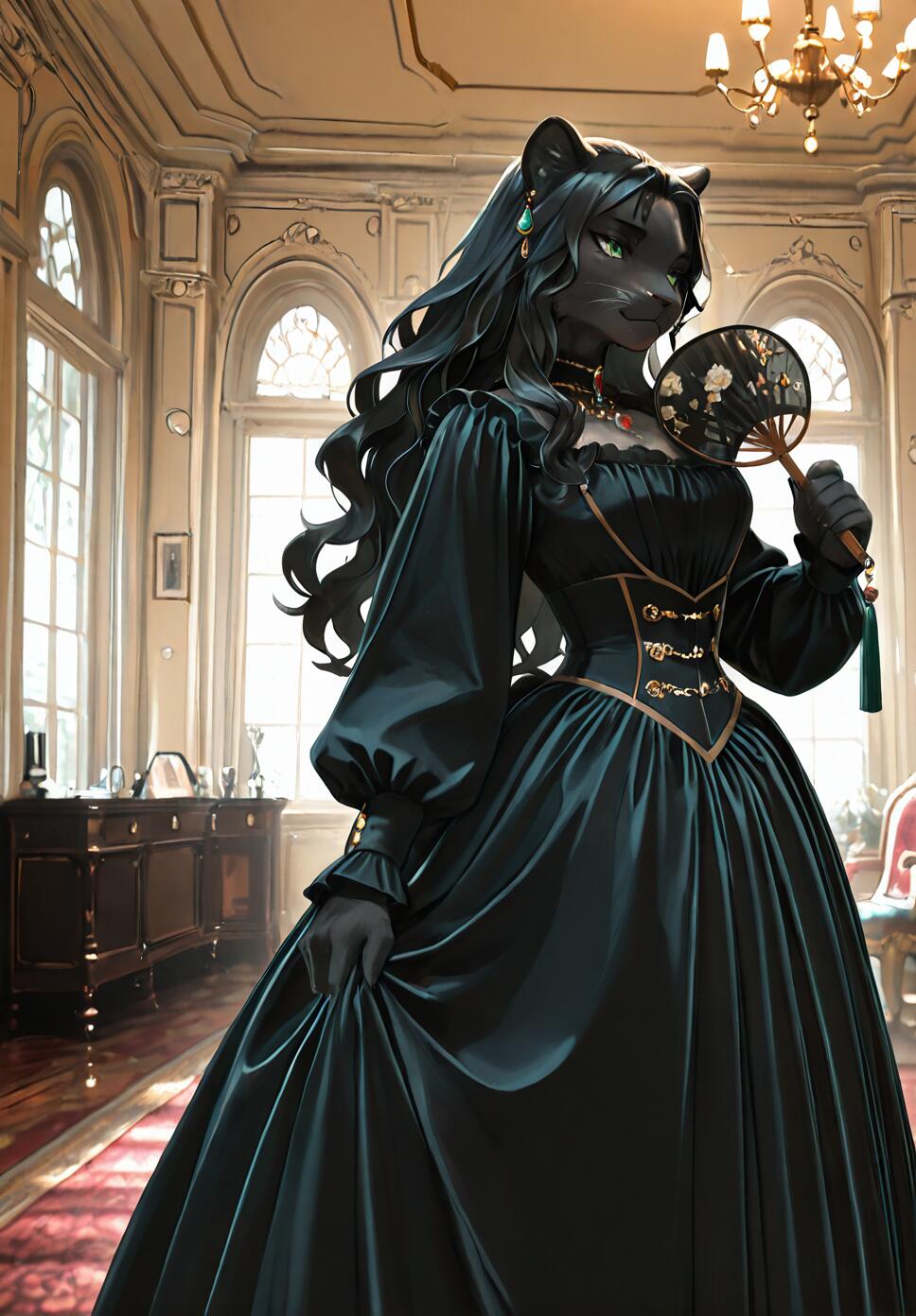 An anthropomorphic black panther woman with green eyes, dressed in an elegant black Victorian gown with a corset, stands inside a luxurious mansion holding a decorative fan.