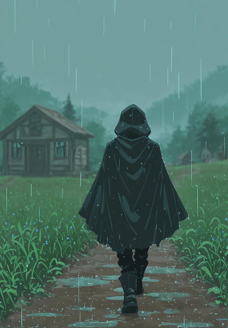 A figure in a black hooded cloak walks away from the viewer on a muddy path during a rainstorm. A small wooden house is visible in a green field to the left, with misty trees in the background.