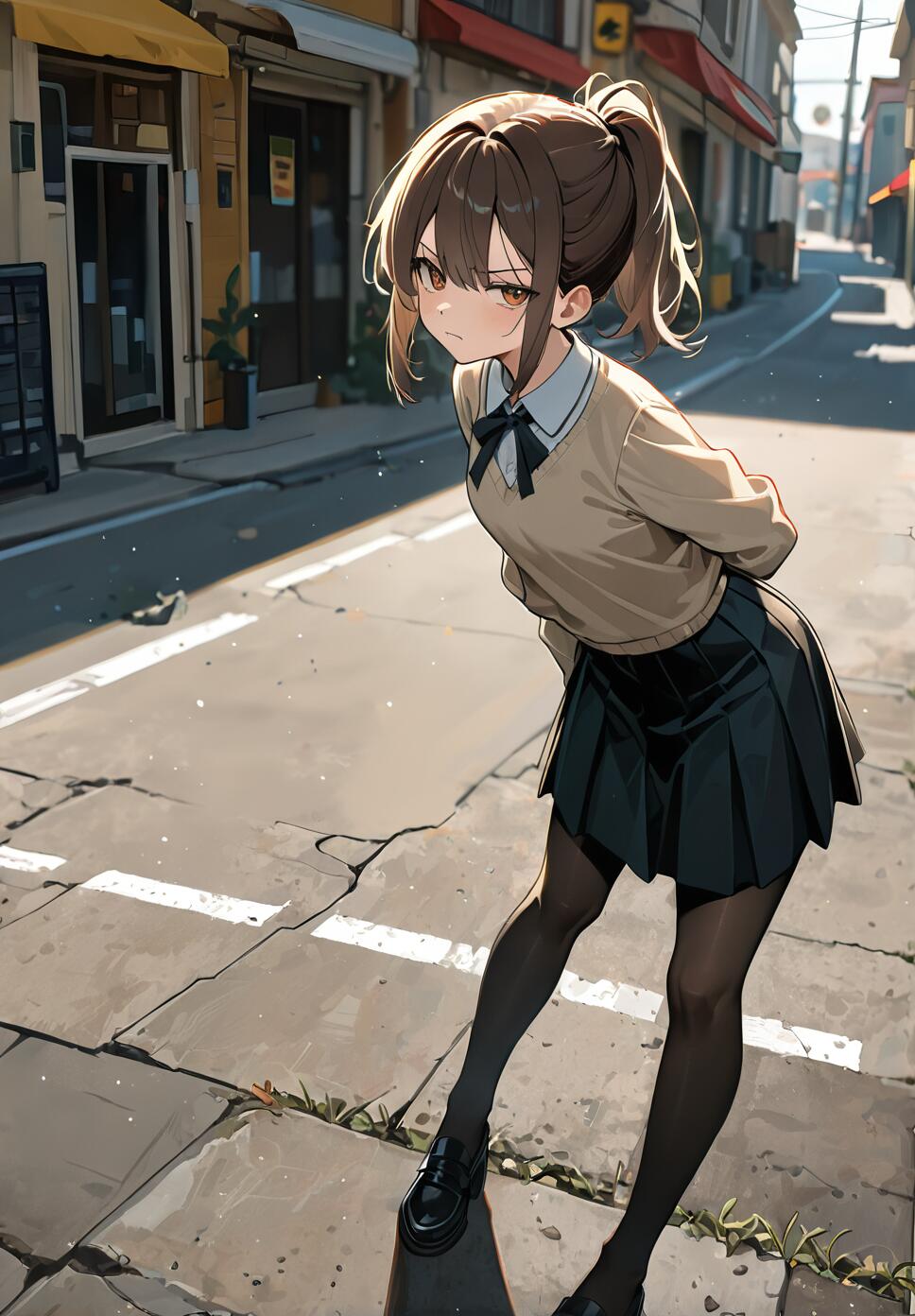 A full-body illustration of an anime girl with a brown ponytail, wearing a beige sweater and black skirt school uniform, standing on a deserted street and looking back over her shoulder with a scowl.