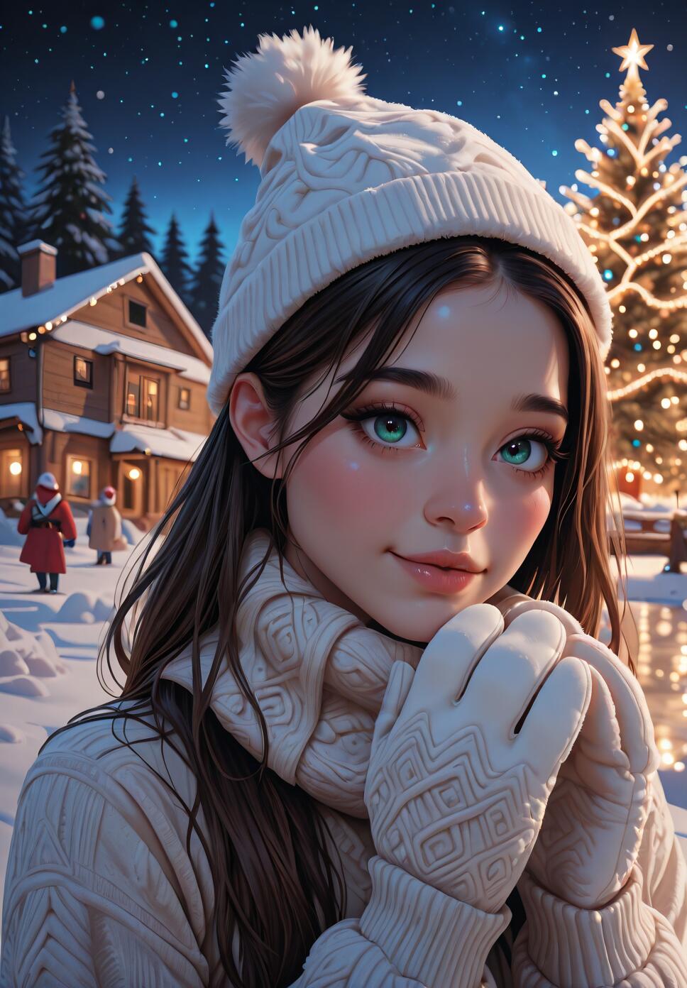 A young woman with green eyes wearing a white knit winter hat and sweater, smiling in a snowy scene at night with a large, lit Christmas tree and a cozy house in the background.