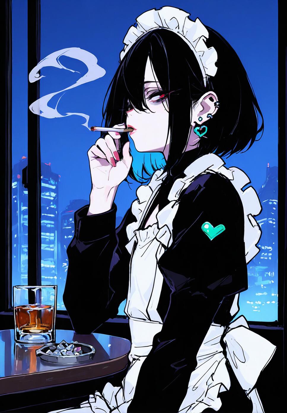An anime-style illustration of a young woman with short black hair and tired eyes, dressed in a maid outfit, smoking a cigarette by a window overlooking a city at night. A glass of whiskey and an ashtray are on the table in front of her.