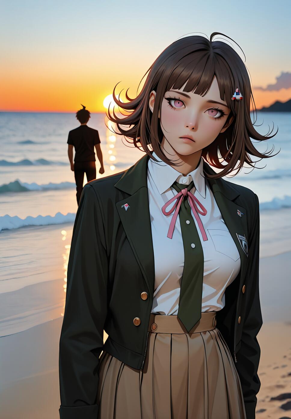 An anime-style illustration of Chiaki Nanami from Danganronpa 2 in her school uniform, standing on a beach at sunset, with Hajime Hinata's silhouette walking away in the background.