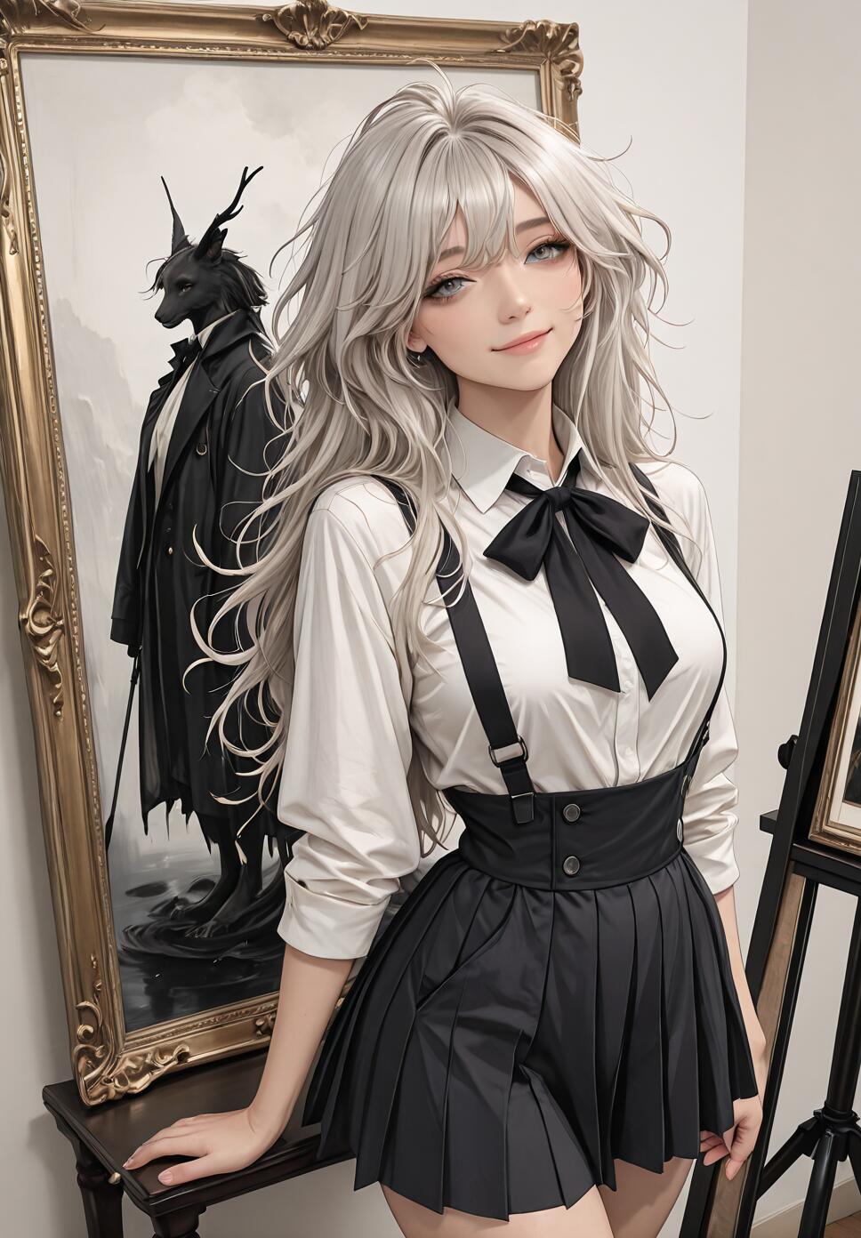 An anime-style illustration of a young woman with long silver hair and a black and white outfit standing in an art gallery in front of a large painting of a dark, anthropomorphic creature.