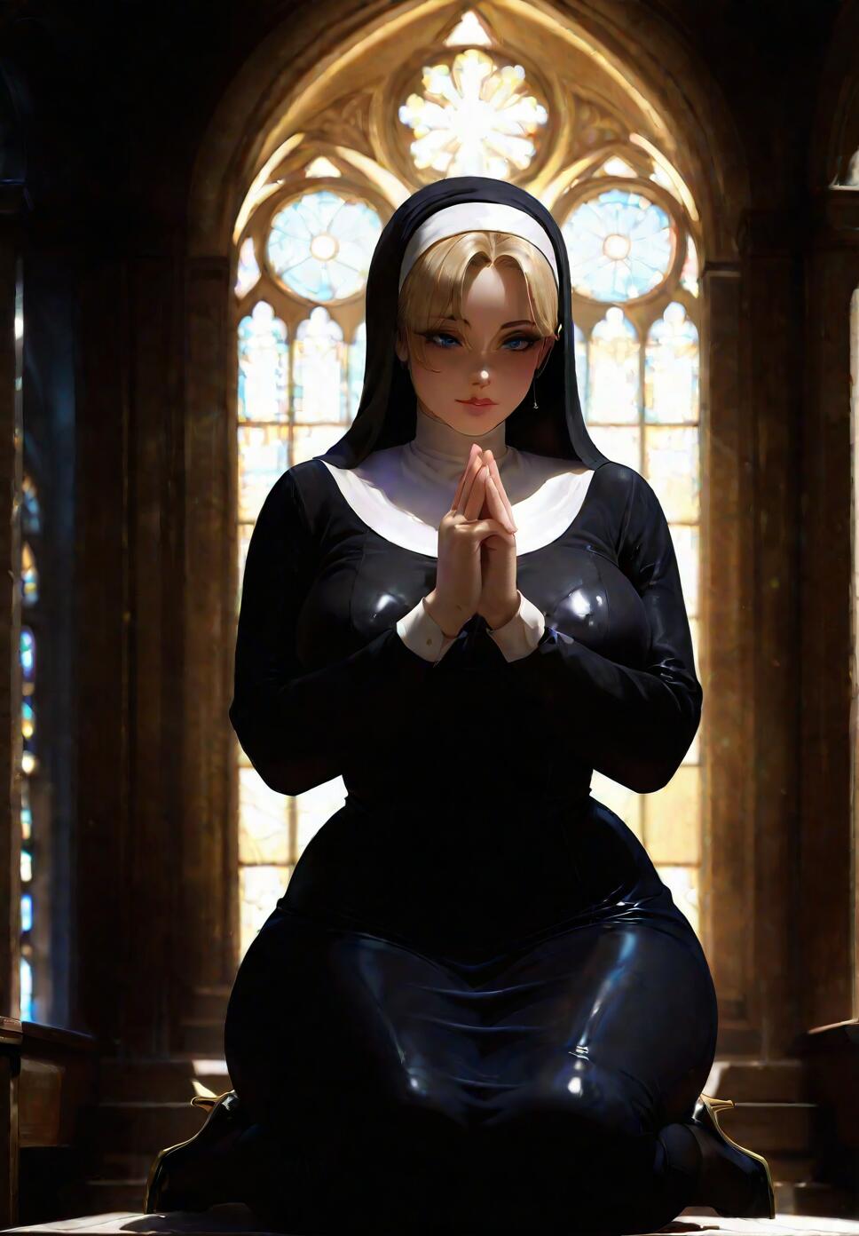 A young, blonde nun with blue eyes kneeling in a church and praying. She is wearing a tight black habit and is silhouetted against a large, ornate stained-glass window.