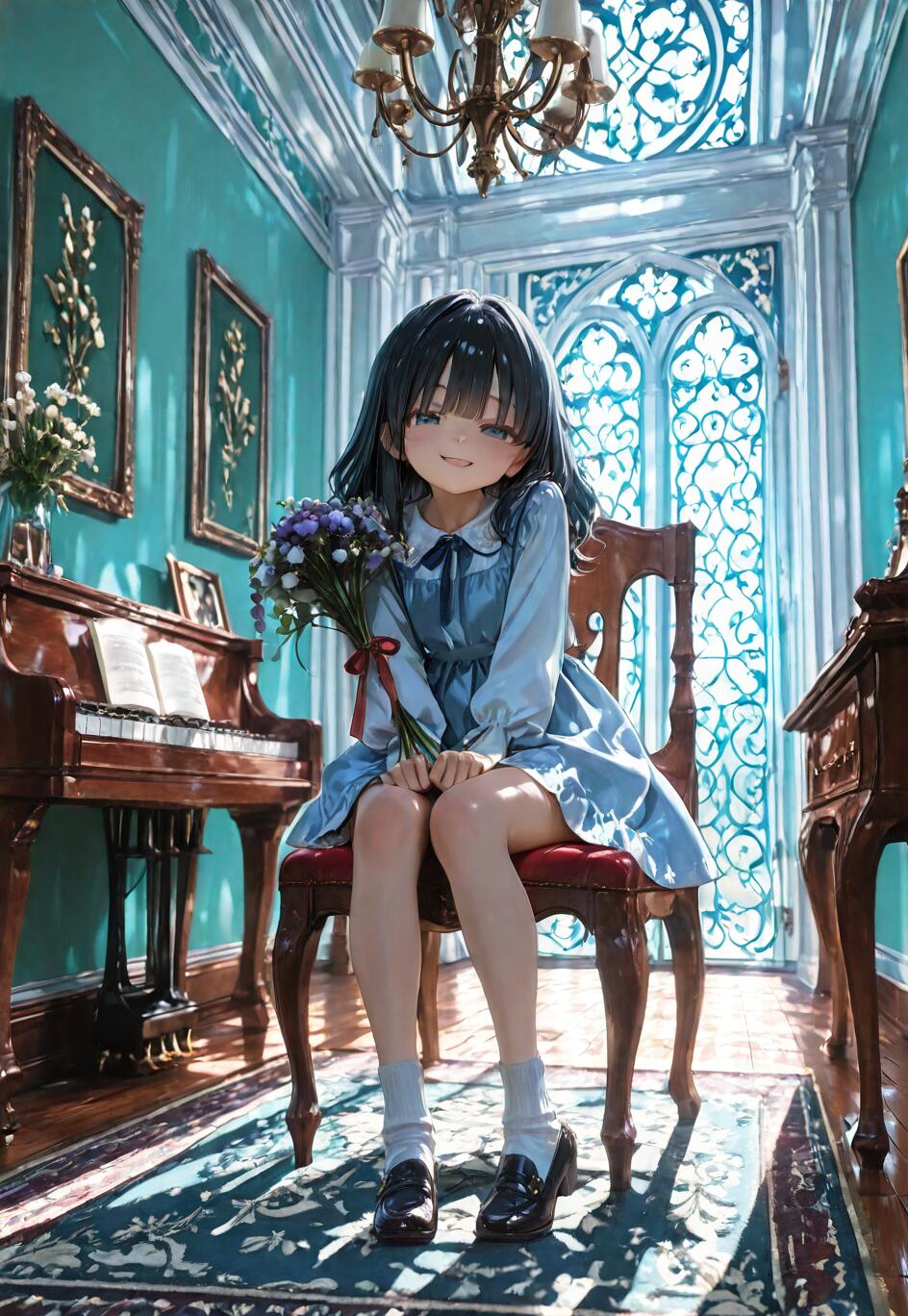 An anime girl in a light blue dress sits on a wooden chair in an ornate teal room, holding a bouquet of flowers with a piano to her left.