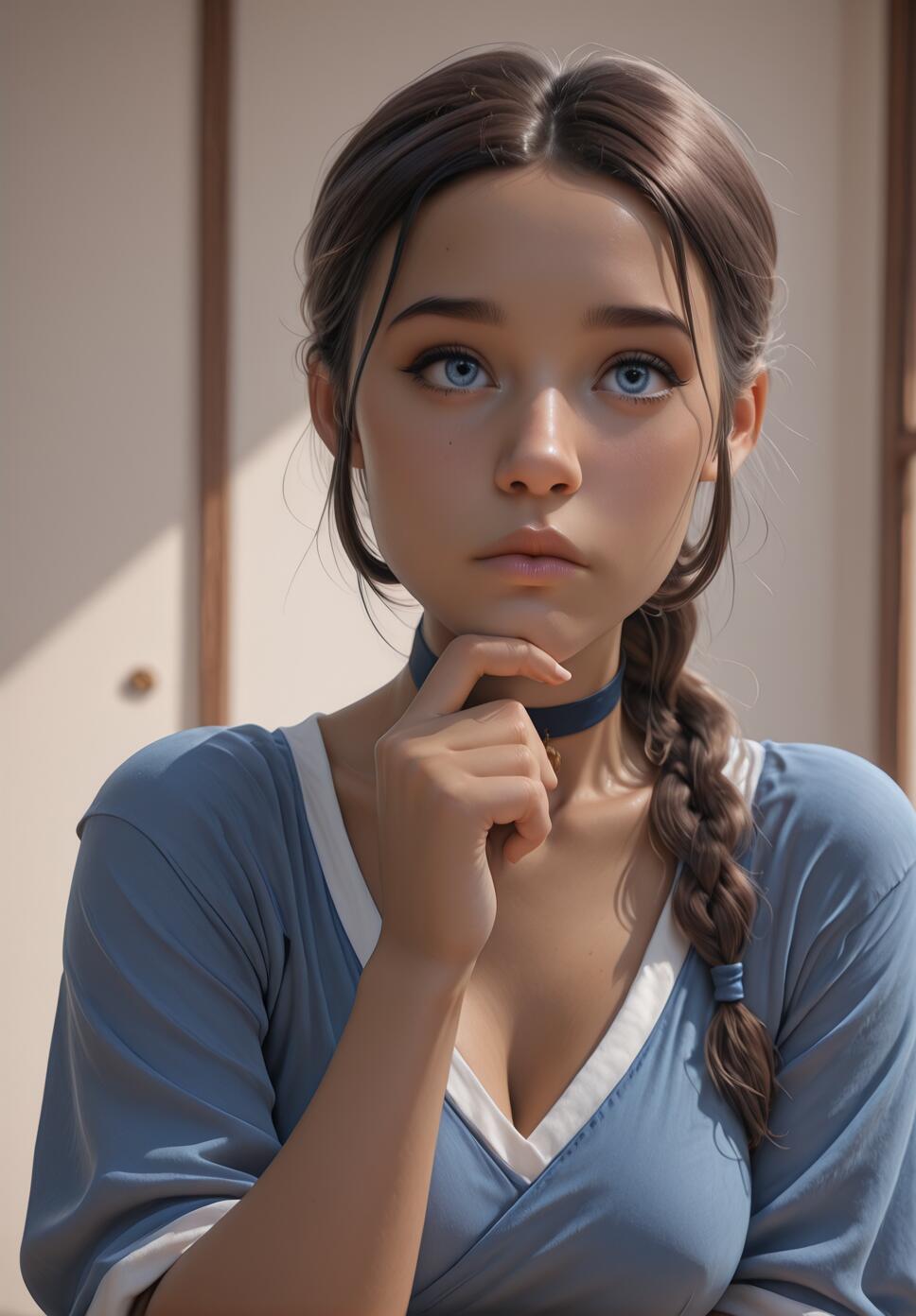 A realistic digital portrait of a young woman, Katara, with brown hair in a single braid, bright blue eyes, and a blue choker. She is looking up thoughtfully with her hand on her chin.
