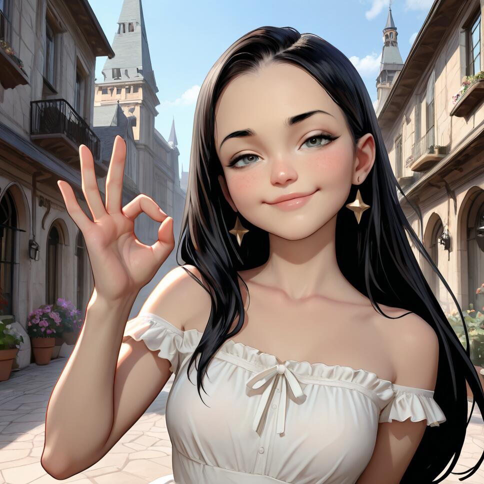 A digital illustration of a beautiful young woman with long black hair and a white top, smiling and making an OK sign with her hand on a sunny European street.