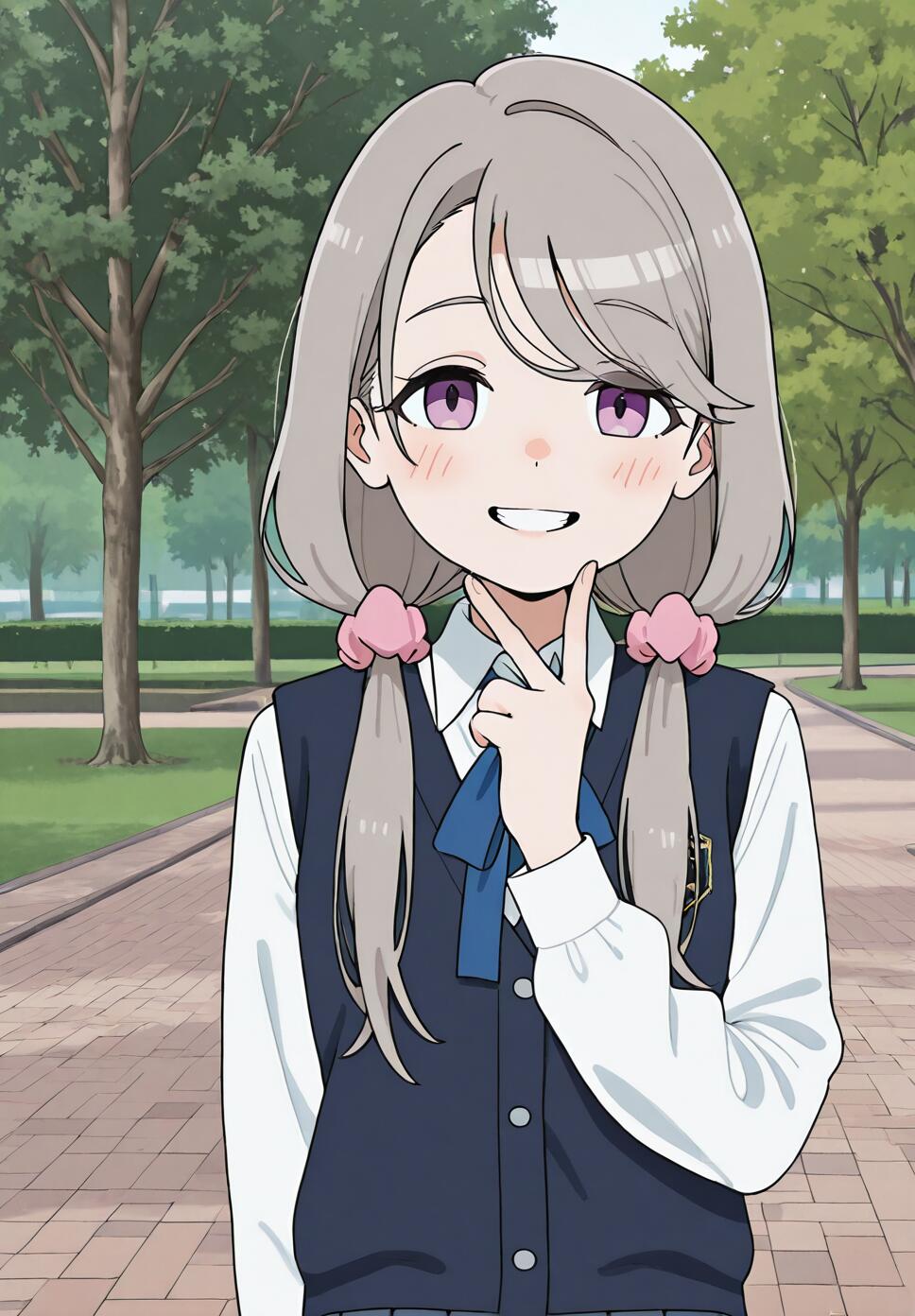 An anime girl, Shikishima Sakurako, with grey hair in low twintails and purple eyes, wearing a school uniform. She is standing in a park, smiling and holding a V-sign over her mouth.