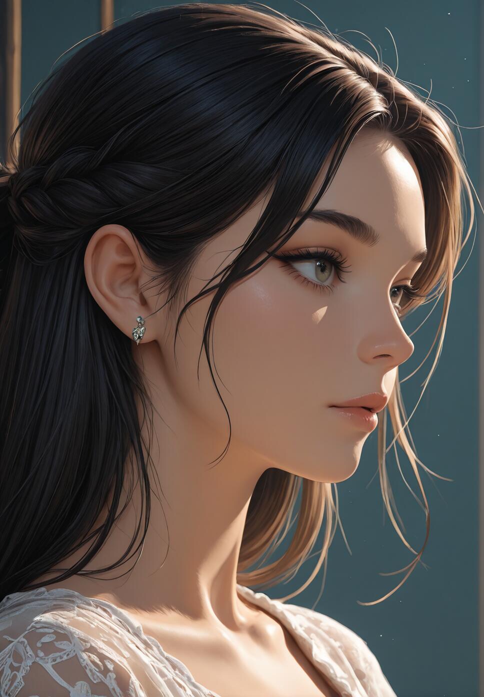 A detailed digital illustration of a beautiful young woman with long, dark hair in profile. She has fair skin, light green eyes, and is looking off to the side with a calm expression. Sunlight gently illuminates her face, and she is wearing a small silver earring and a white lace top against a muted blue-gray background.