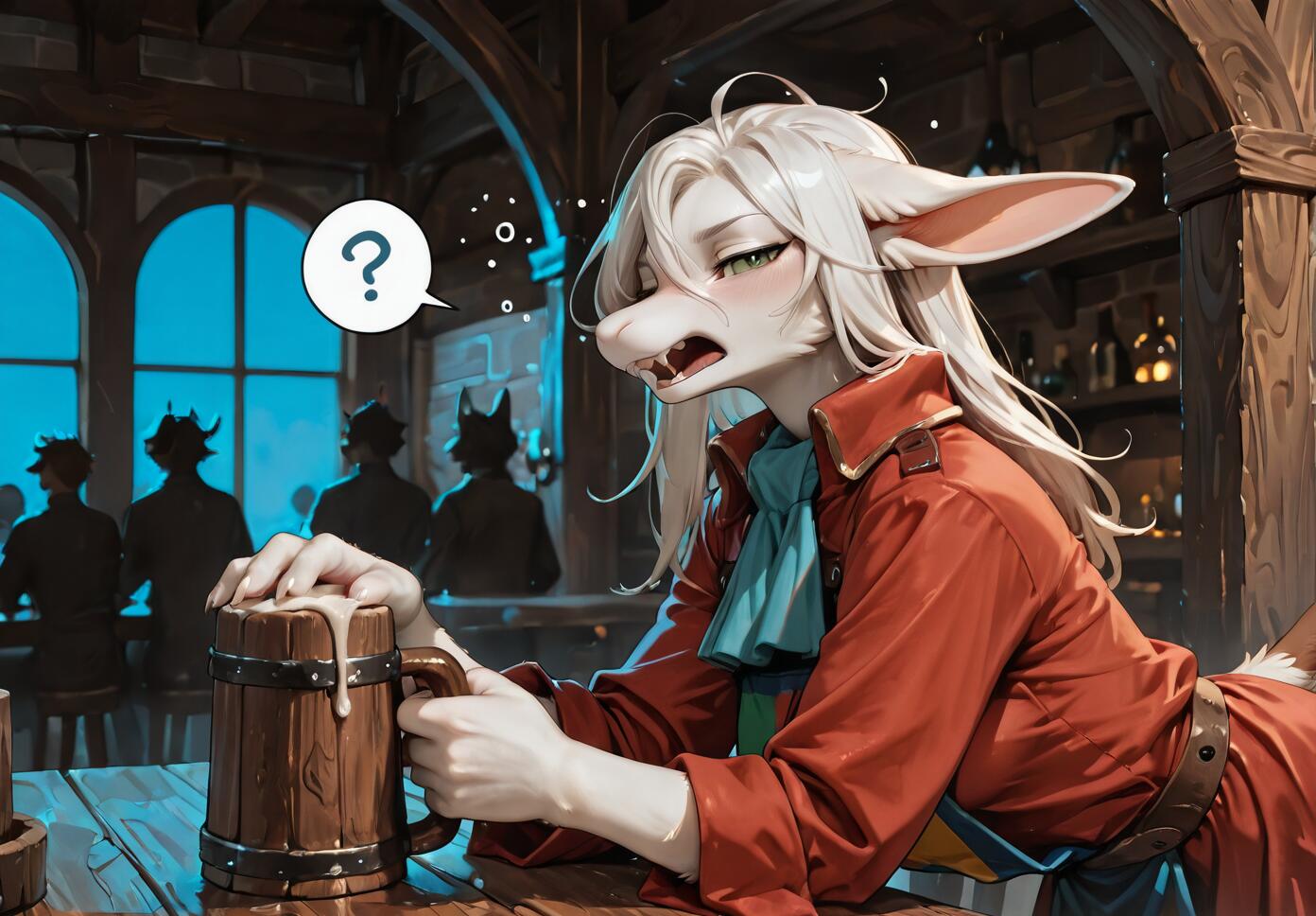 Freya Crescent from Final Fantasy IX, an anthropomorphic dragoon with white hair and a red coat, looking drunk and confused while holding a large wooden beer mug in a rustic tavern.