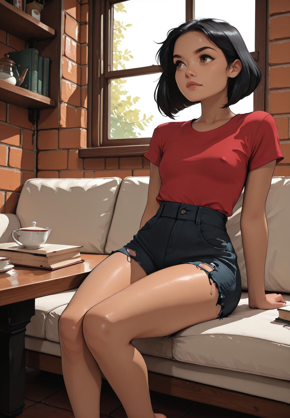 A digital illustration of a young woman with a black bob haircut, wearing a red shirt and ripped shorts, sitting on a white sofa next to a window in a room with brick walls.