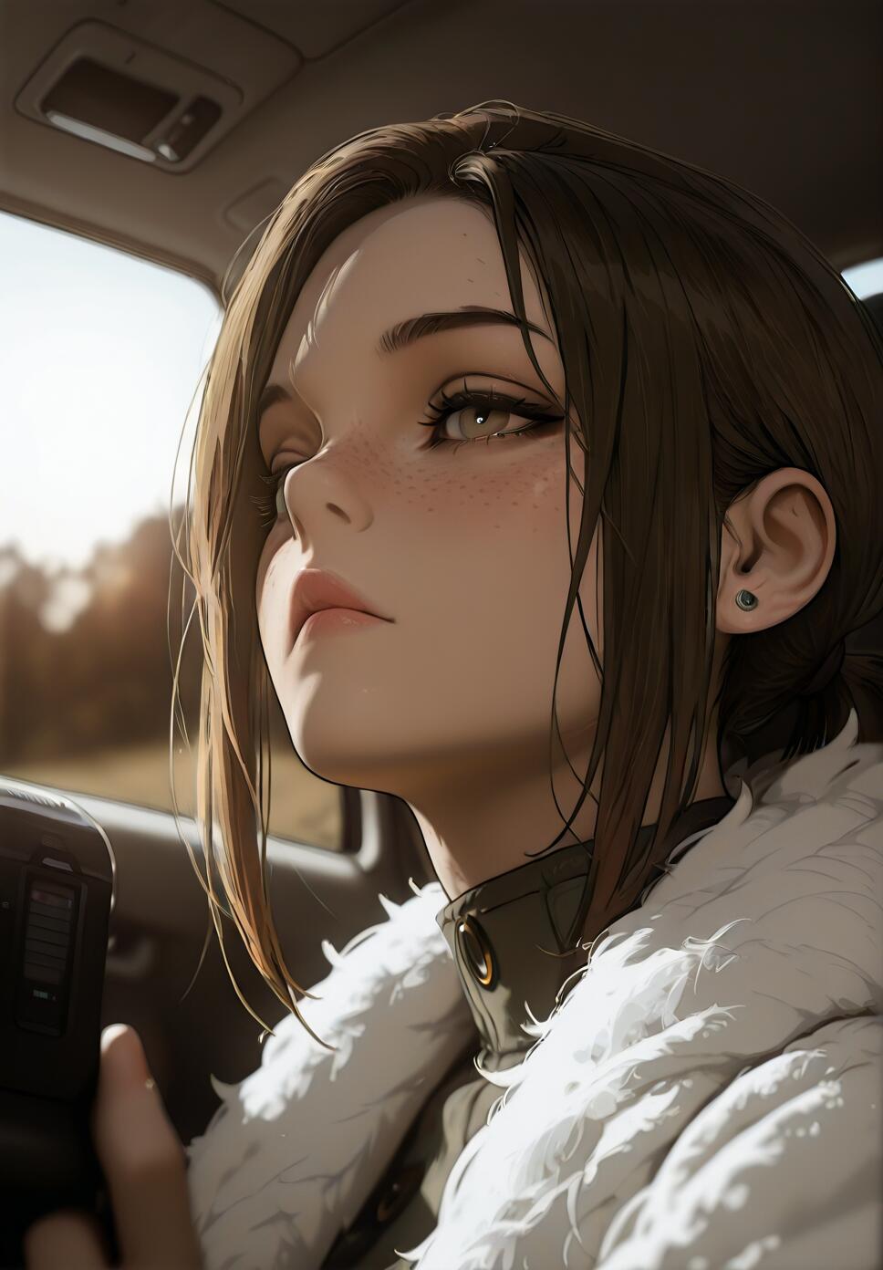 A detailed illustration of Ellie from The Last of Us, a young woman with brown hair and freckles, sitting in a car and looking thoughtfully into the distance. She is wearing a jacket with a white fur collar and a small black earring.